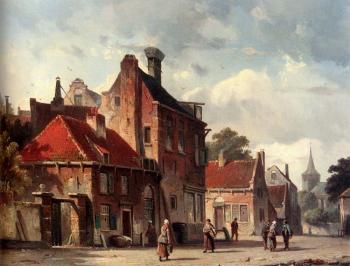 Adrianus Eversen : View Of Town With Figures In A Sunlit Street